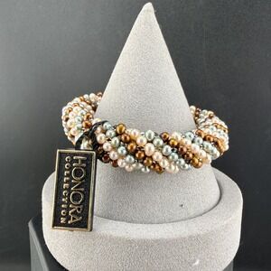 Vintage Honora Bracelet Woven Beaded Multi Color Pearl 7.5"